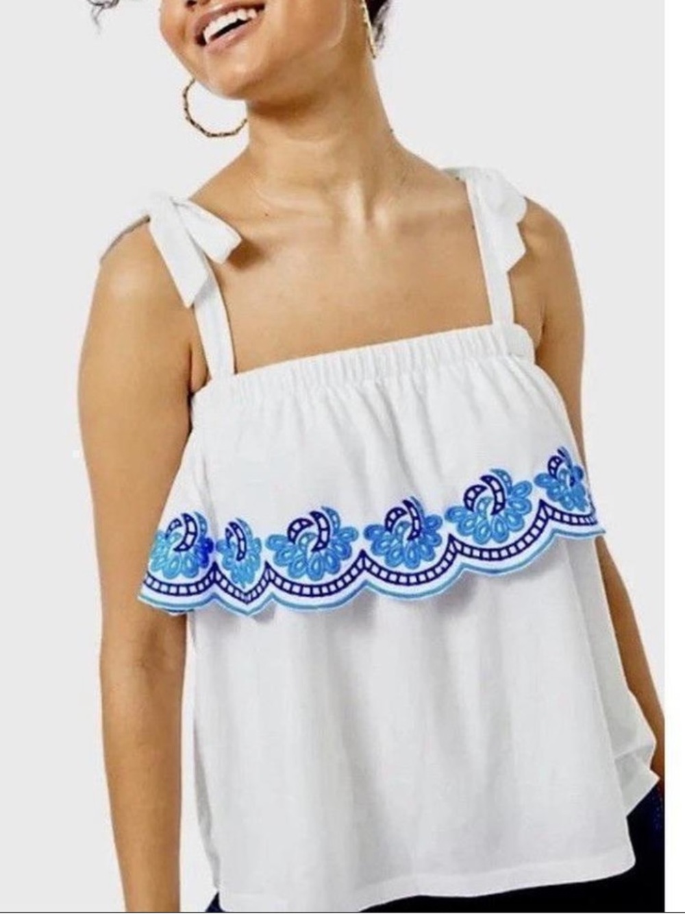 Lilly Pulitzer Benita top blue embroidered scalloped ruffle